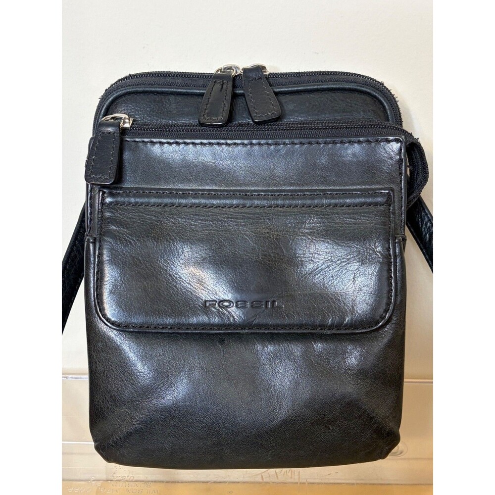 Vintage Fossil Black Leather Crossbody Travel Purse Shoulder Bag - Picture 5 of 14